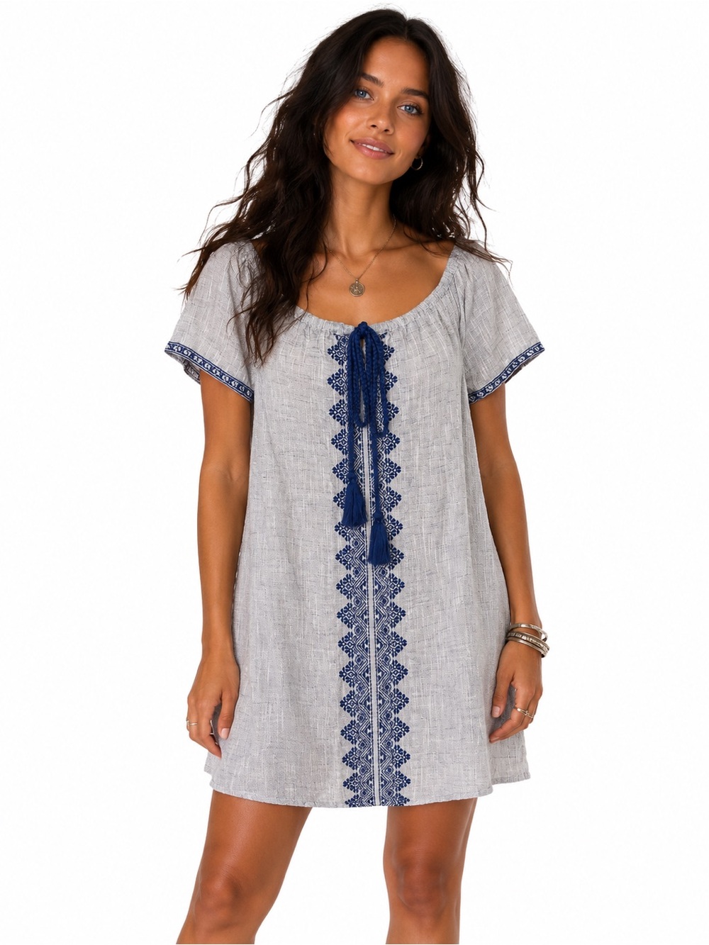 Miss Selfridge Blue Embroidered Linen Blend Peasant Shift Dress Boho Cottagecore